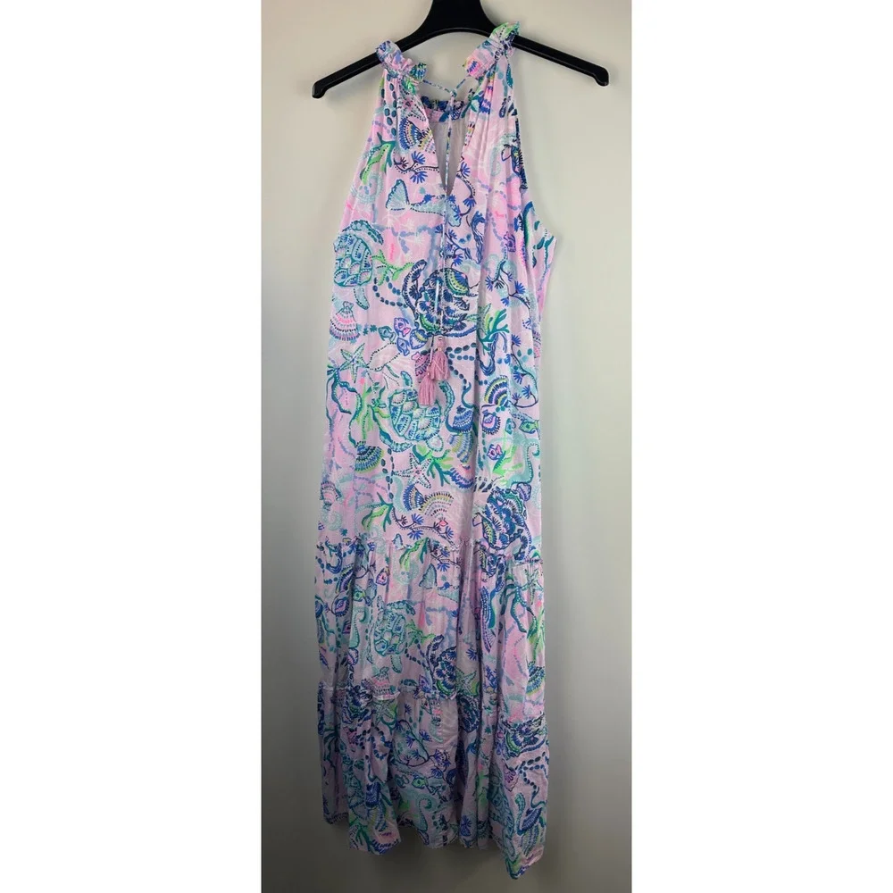 Lilly Pulitzer Everly Maxi Dress Mermaid Halter Ruffle Pink Sleeveless Size XL - Picture 7 of 16